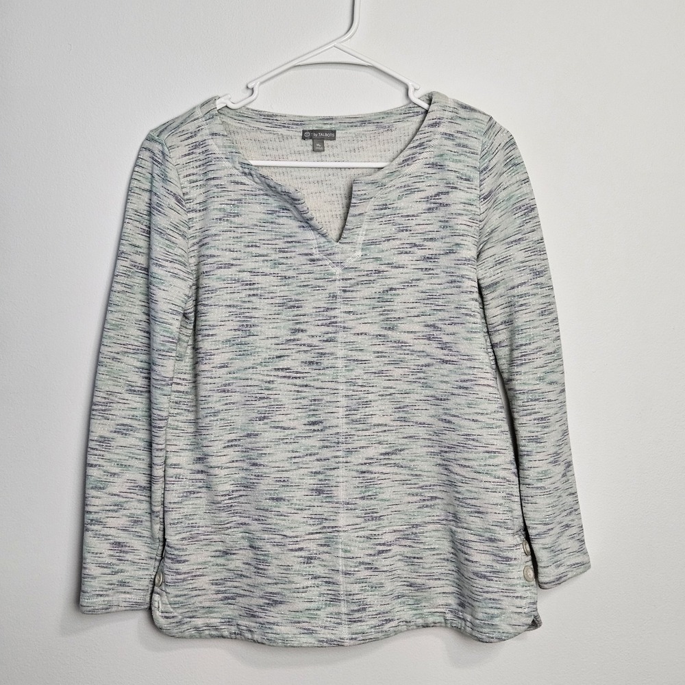 T By Talbots Womens Sz PETITE M Pullover Sweater Green Blue Metallic Side Button